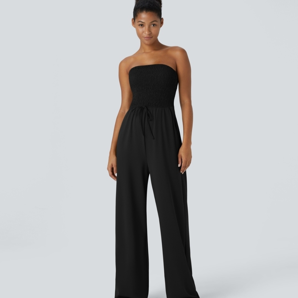 HALARA Black Strapless Tube Top Wide Leg Jumpsuit Tie Waist